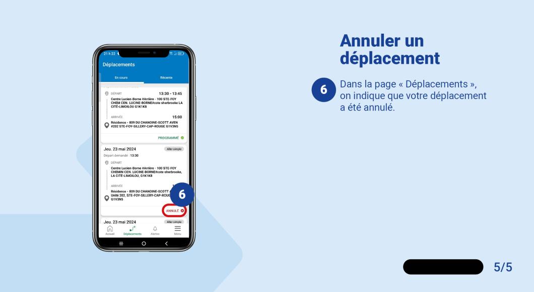 Dans la page Déplacements, on indique que votre déplacement a été annulé