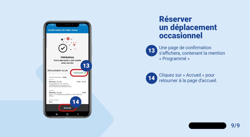 Une page de confirmation s'affichera, contenant la mention « Programmé ». Cliquez sur « Accueil » pour retourner à la page d'accueil.