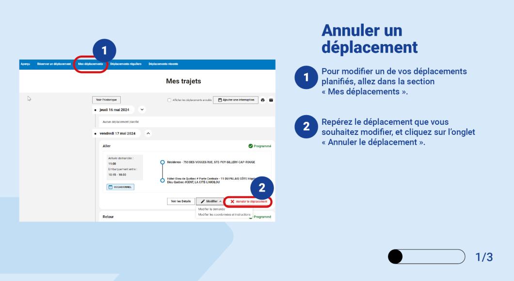 Pour modifier un de vos déplacements planifiés, allez dans la section « Mes déplacements ».  Repérez le déplacement que vous souhaitez modifier, et cliquez sur l’onglet « Annuler le déplacement ». 